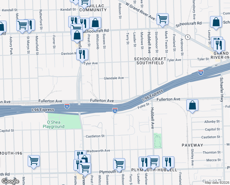map of restaurants, bars, coffee shops, grocery stores, and more near 12674 Coyle Street in Detroit