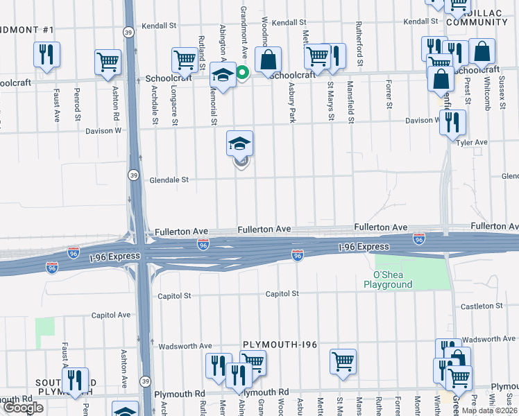 map of restaurants, bars, coffee shops, grocery stores, and more near 12674 Grandmont Avenue in Detroit