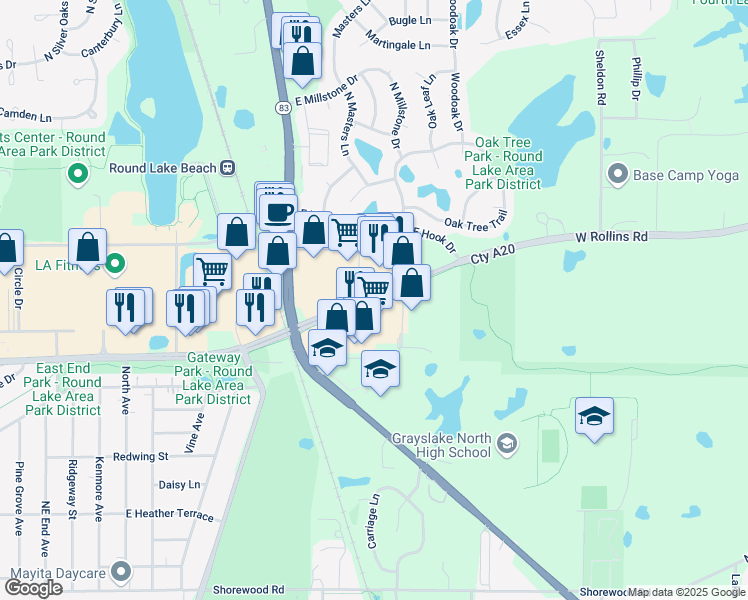 map of restaurants, bars, coffee shops, grocery stores, and more near 900-902 E Rollins Rd in Round Lake Beach