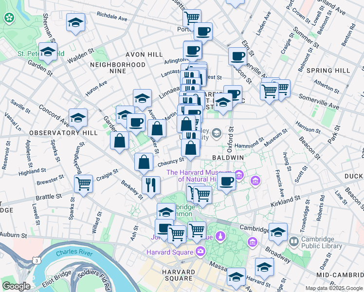 map of restaurants, bars, coffee shops, grocery stores, and more near 19 Rutland Street in Cambridge