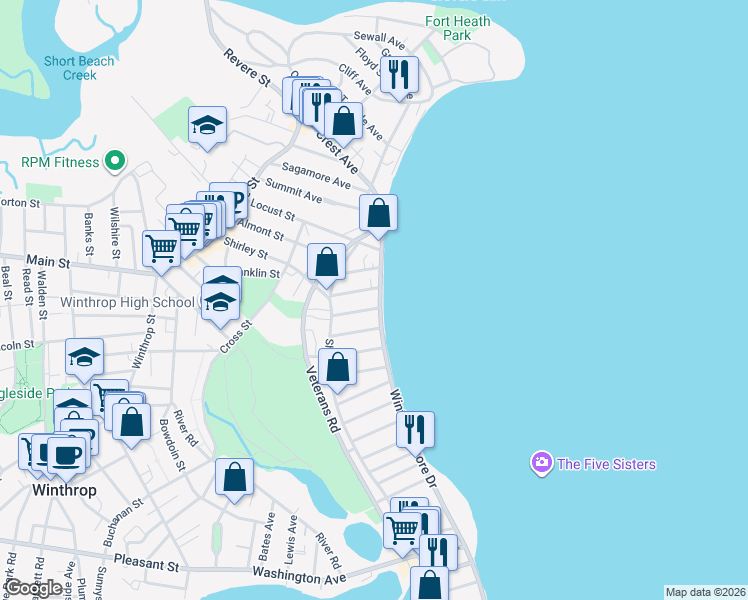 map of restaurants, bars, coffee shops, grocery stores, and more near 212 Winthrop Shore Drive in Winthrop