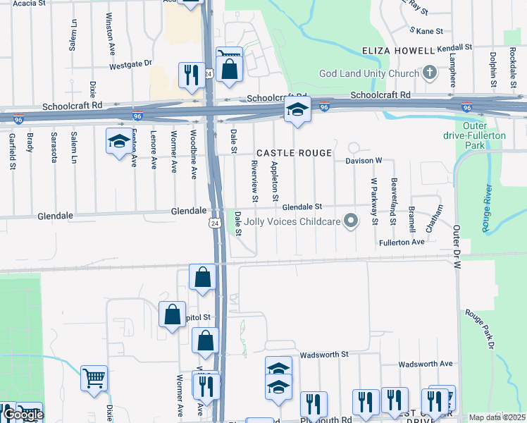 map of restaurants, bars, coffee shops, grocery stores, and more near 12803 Appleton Street in Detroit