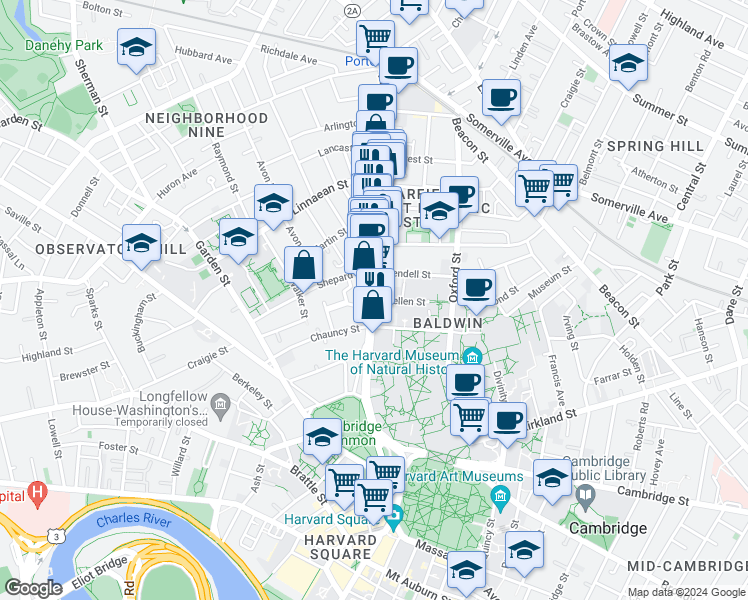 map of restaurants, bars, coffee shops, grocery stores, and more near Massachusetts Ave & Langdon St in Mid-Cambridge