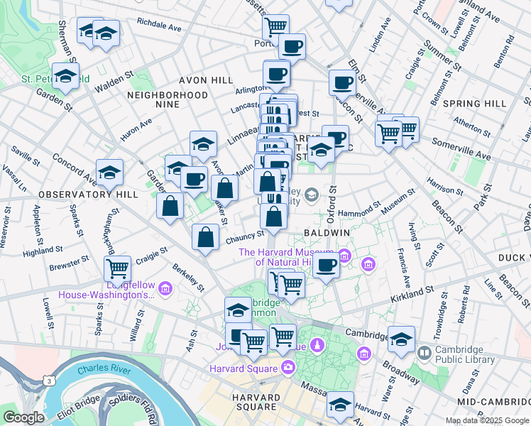 map of restaurants, bars, coffee shops, grocery stores, and more near 19 Rutland Street in Cambridge