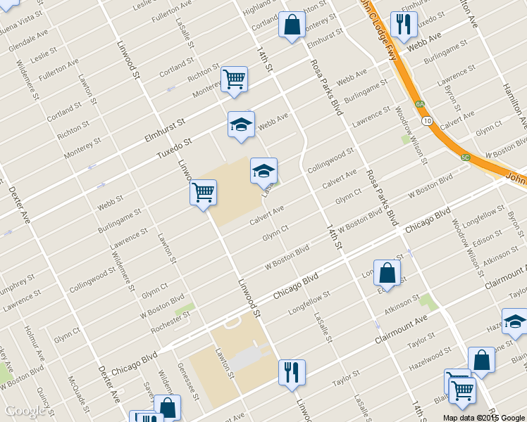 map of restaurants, bars, coffee shops, grocery stores, and more near 2400 Calvert Avenue in Detroit