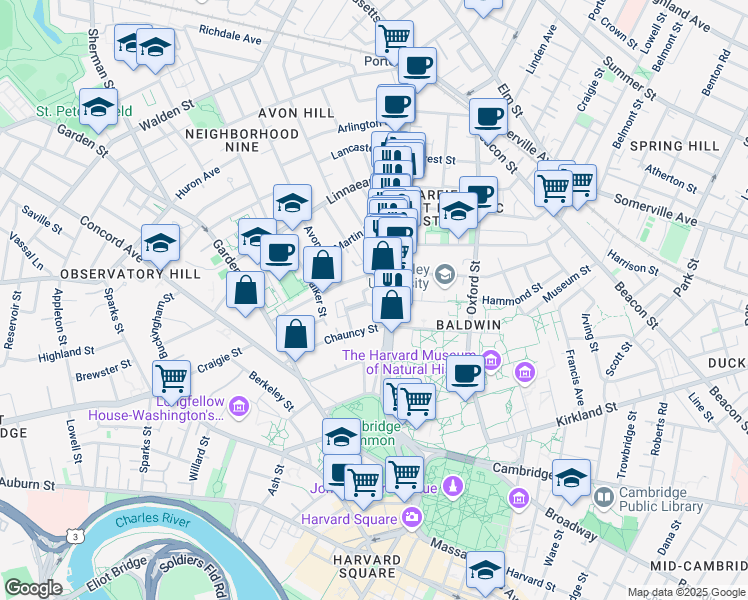 map of restaurants, bars, coffee shops, grocery stores, and more near 19 Rutland Street in Cambridge