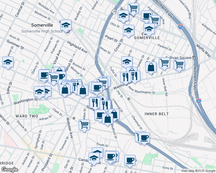 map of restaurants, bars, coffee shops, grocery stores, and more near 57 Alston Street in Somerville