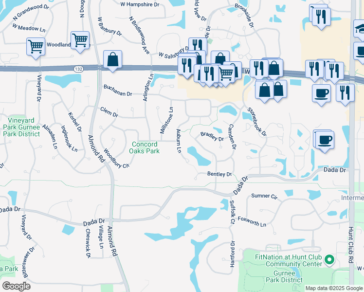 map of restaurants, bars, coffee shops, grocery stores, and more near 1473 Auburn Lane in Gurnee