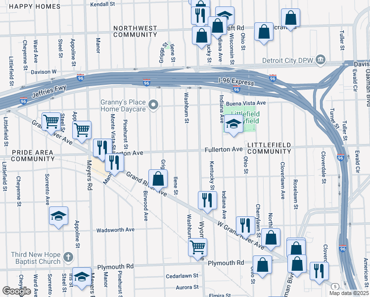 map of restaurants, bars, coffee shops, grocery stores, and more near 12611 Washburn Street in Detroit