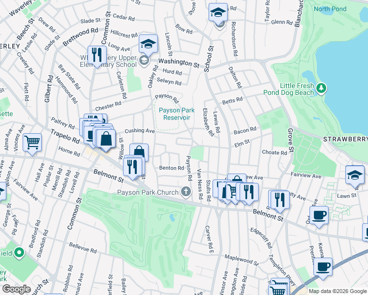 map of restaurants, bars, coffee shops, grocery stores, and more near 14-16 Townsend Road in Belmont