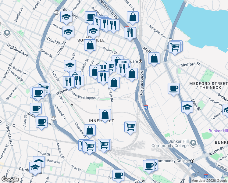 map of restaurants, bars, coffee shops, grocery stores, and more near 10 Inner Belt Road in Somerville