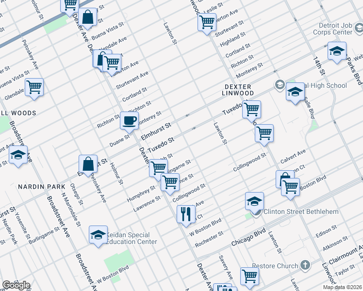 map of restaurants, bars, coffee shops, grocery stores, and more near 3210 Webb Street in Detroit
