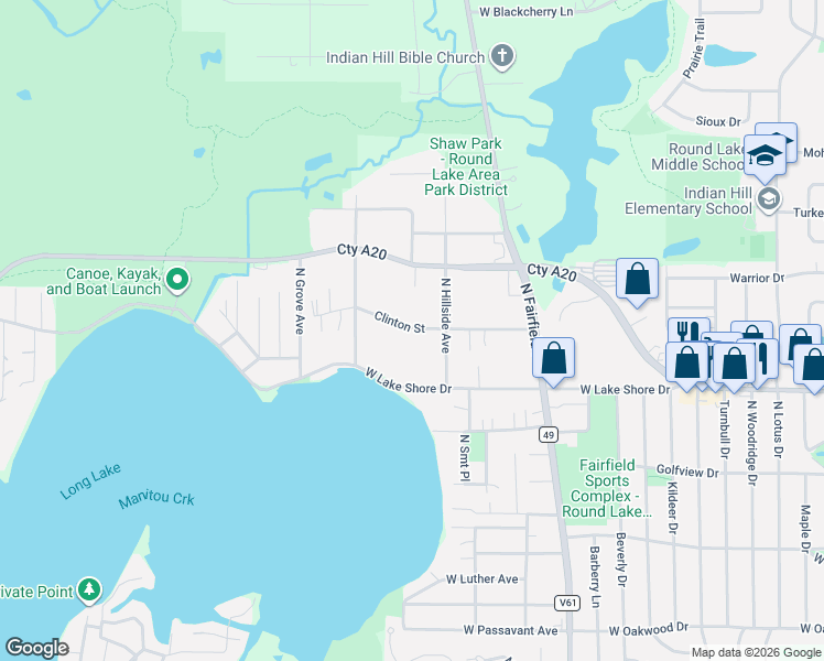 map of restaurants, bars, coffee shops, grocery stores, and more near 24725 Clinton Street in Round Lake