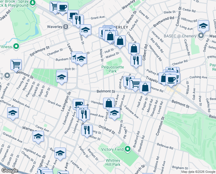 map of restaurants, bars, coffee shops, grocery stores, and more near 29 Frederick Street in Belmont