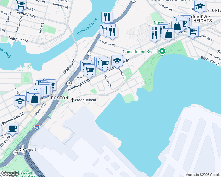 map of restaurants, bars, coffee shops, grocery stores, and more near 114 Moore Street in Boston