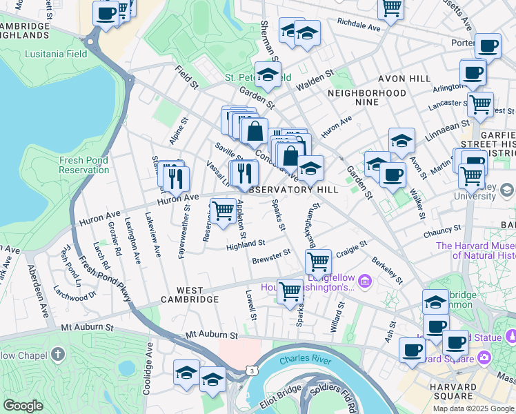 map of restaurants, bars, coffee shops, grocery stores, and more near 10 Wyman Road in Cambridge
