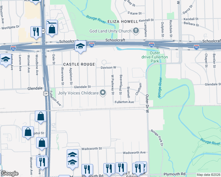 map of restaurants, bars, coffee shops, grocery stores, and more near 12741 Glendale Street in Detroit