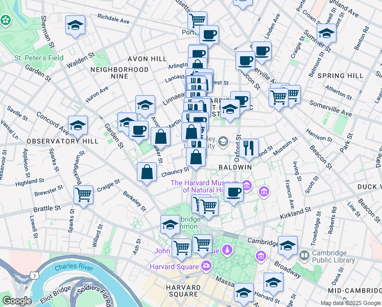 map of restaurants, bars, coffee shops, grocery stores, and more near 1637 Massachusetts Avenue in Cambridge