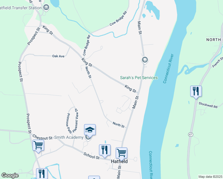 map of restaurants, bars, coffee shops, grocery stores, and more near 11 King Street in Hatfield