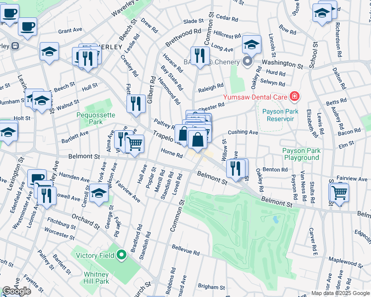 map of restaurants, bars, coffee shops, grocery stores, and more near 144 Trapelo Road in Belmont