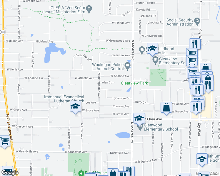 map of restaurants, bars, coffee shops, grocery stores, and more near 2704 Peppertree Lane in Waukegan