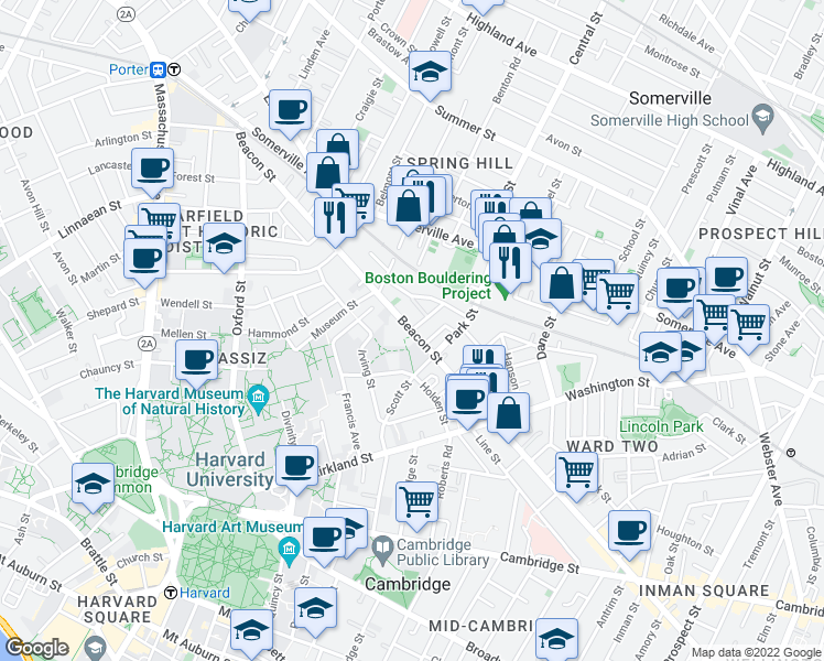 map of restaurants, bars, coffee shops, grocery stores, and more near Beacon Street & Ivaloo Street in Somerville