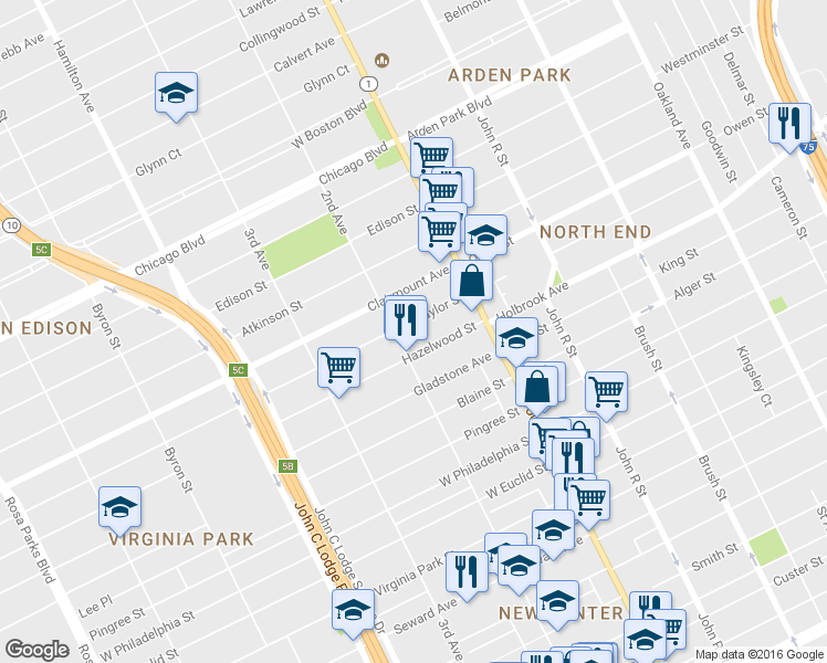 map of restaurants, bars, coffee shops, grocery stores, and more near 139 Taylor Street in Detroit