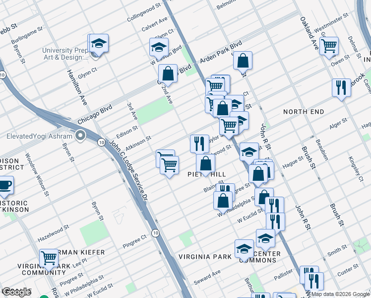 map of restaurants, bars, coffee shops, grocery stores, and more near 628 Taylor Street in Detroit