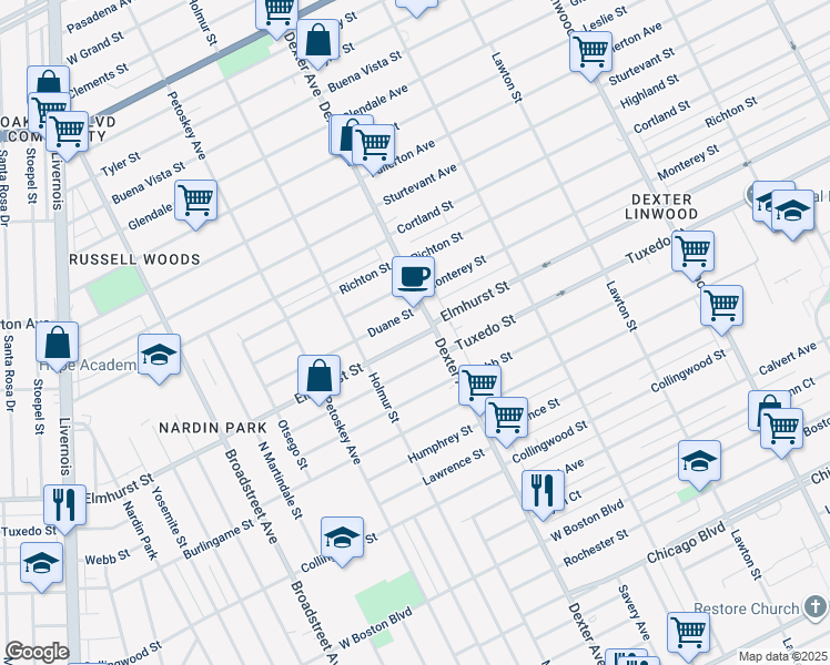 map of restaurants, bars, coffee shops, grocery stores, and more near 3730 Elmhurst Street in Detroit