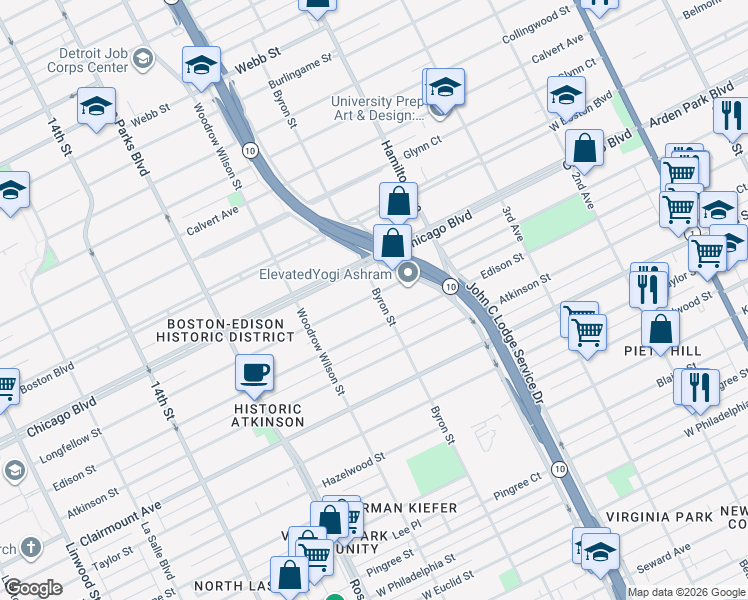 map of restaurants, bars, coffee shops, grocery stores, and more near 1405 Longfellow Street in Detroit