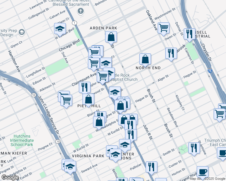 map of restaurants, bars, coffee shops, grocery stores, and more near 8850 Woodward Avenue in Detroit