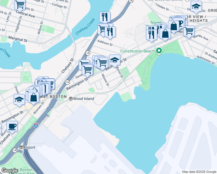 map of restaurants, bars, coffee shops, grocery stores, and more near 114 Moore Street in Boston