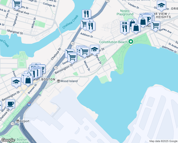 map of restaurants, bars, coffee shops, grocery stores, and more near 114 Moore Street in Boston