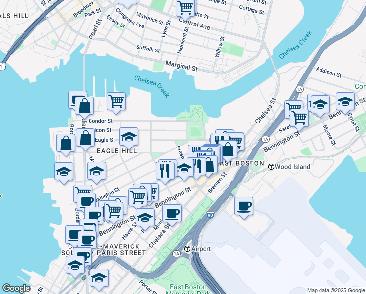 map of restaurants, bars, coffee shops, grocery stores, and more near 217 Trenton Street in Boston