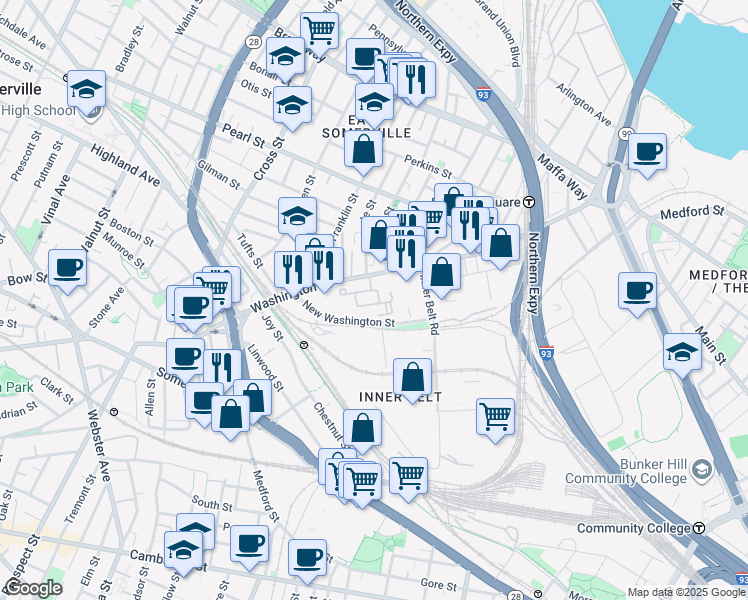 map of restaurants, bars, coffee shops, grocery stores, and more near in Somerville
