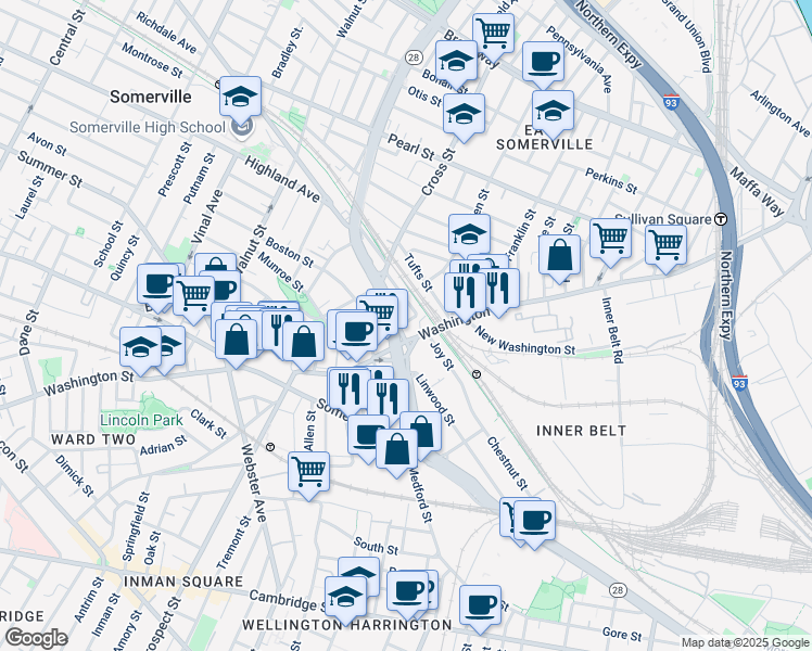 map of restaurants, bars, coffee shops, grocery stores, and more near 57 Alston Street in Somerville