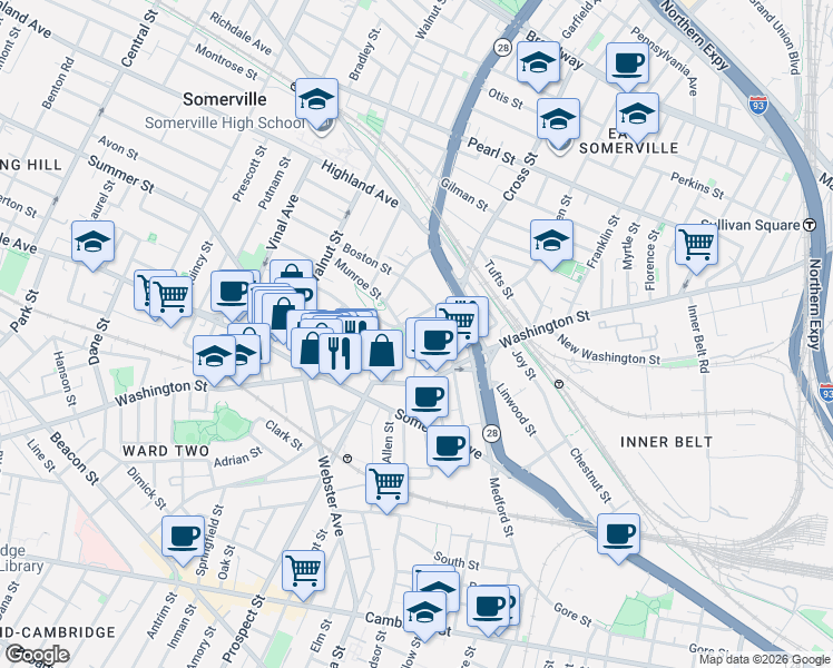 map of restaurants, bars, coffee shops, grocery stores, and more near 24 Prospect Hill Avenue in Somerville