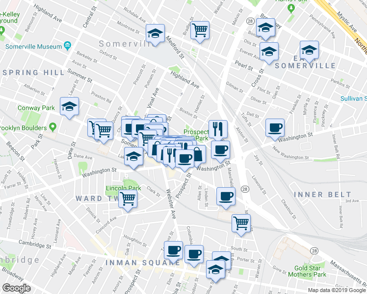 map of restaurants, bars, coffee shops, grocery stores, and more near 38 Columbus Avenue in Somerville