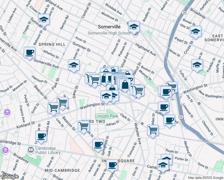 map of restaurants, bars, coffee shops, grocery stores, and more near 1 Bow Market Way in Somerville