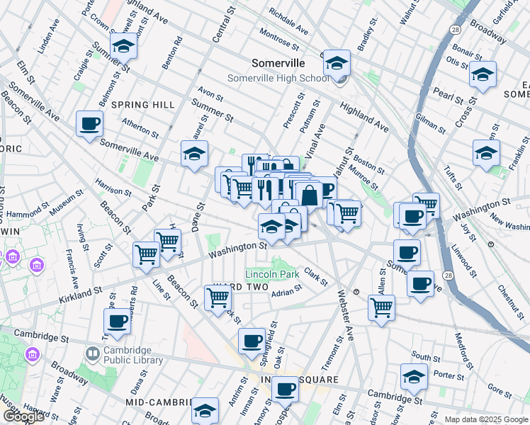 map of restaurants, bars, coffee shops, grocery stores, and more near in Somerville