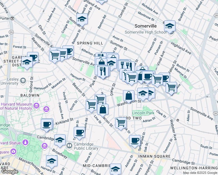 map of restaurants, bars, coffee shops, grocery stores, and more near 35 Dane Street in Somerville
