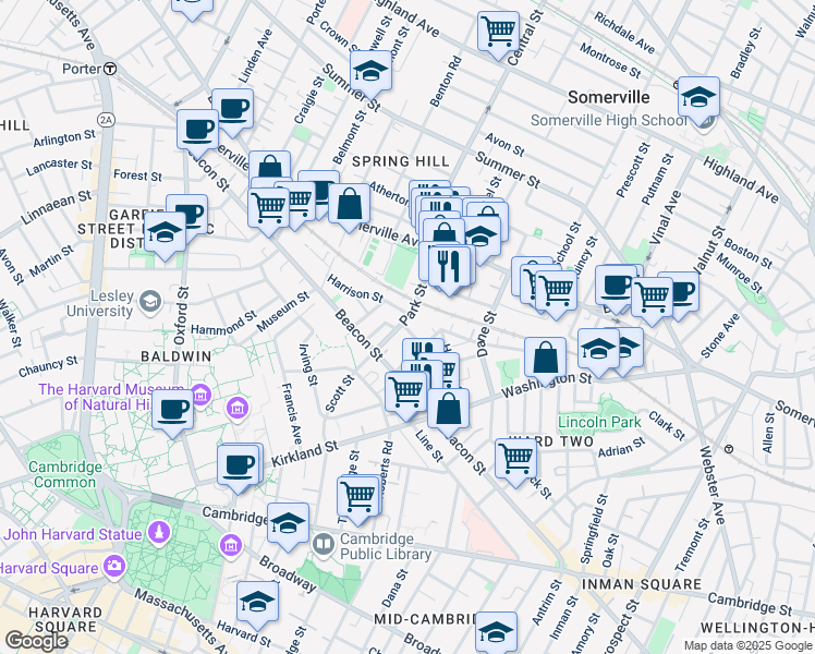map of restaurants, bars, coffee shops, grocery stores, and more near 54 Park Street in Somerville
