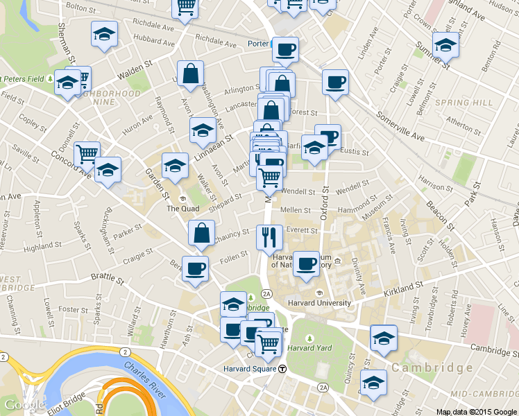 map of restaurants, bars, coffee shops, grocery stores, and more near 19 Rutland Street in Cambridge
