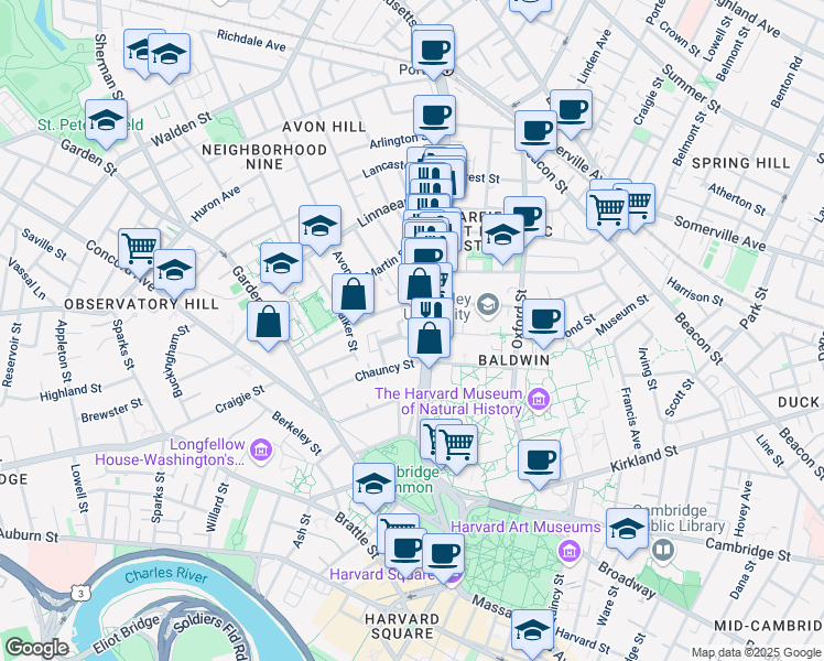 map of restaurants, bars, coffee shops, grocery stores, and more near 19 Rutland Street in Cambridge