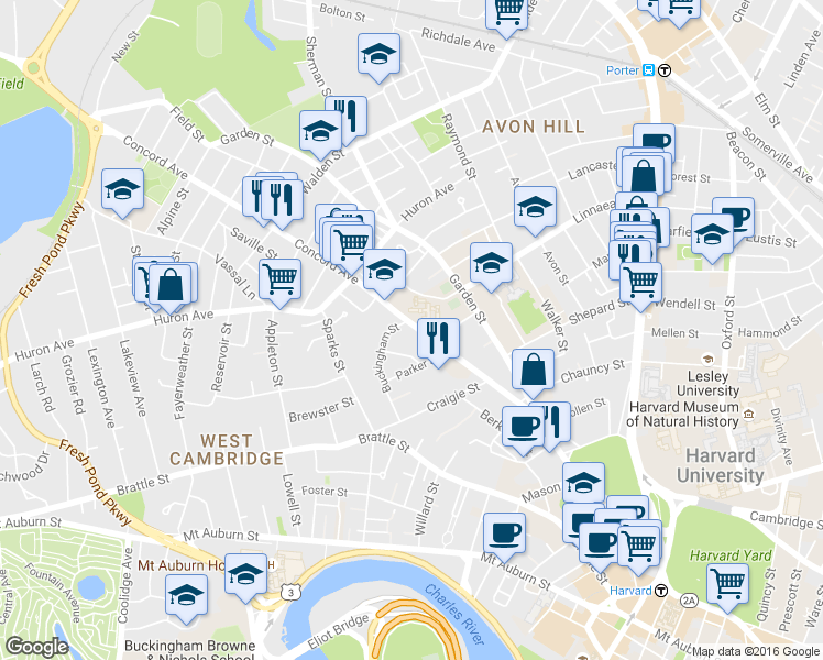 map of restaurants, bars, coffee shops, grocery stores, and more near 54 Concord Avenue in Cambridge