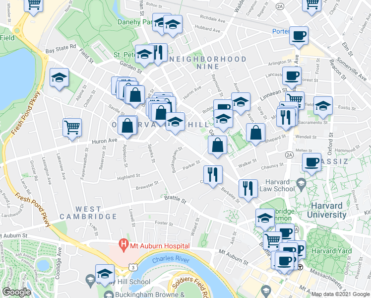 map of restaurants, bars, coffee shops, grocery stores, and more near 54 Concord Avenue in Cambridge