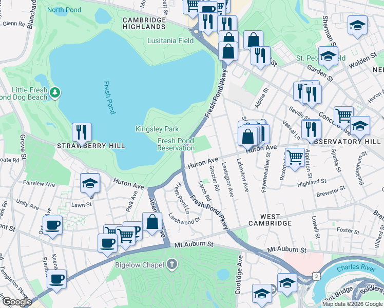 map of restaurants, bars, coffee shops, grocery stores, and more near 183 Larch Road in Cambridge