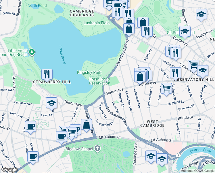 map of restaurants, bars, coffee shops, grocery stores, and more near 183 Larch Road in Cambridge