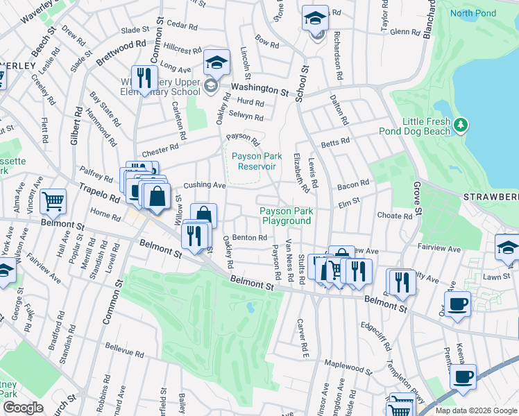 map of restaurants, bars, coffee shops, grocery stores, and more near 14-16 Townsend Road in Belmont