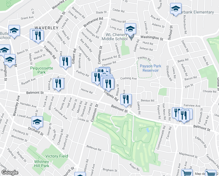 map of restaurants, bars, coffee shops, grocery stores, and more near 7 Linden Avenue in Belmont